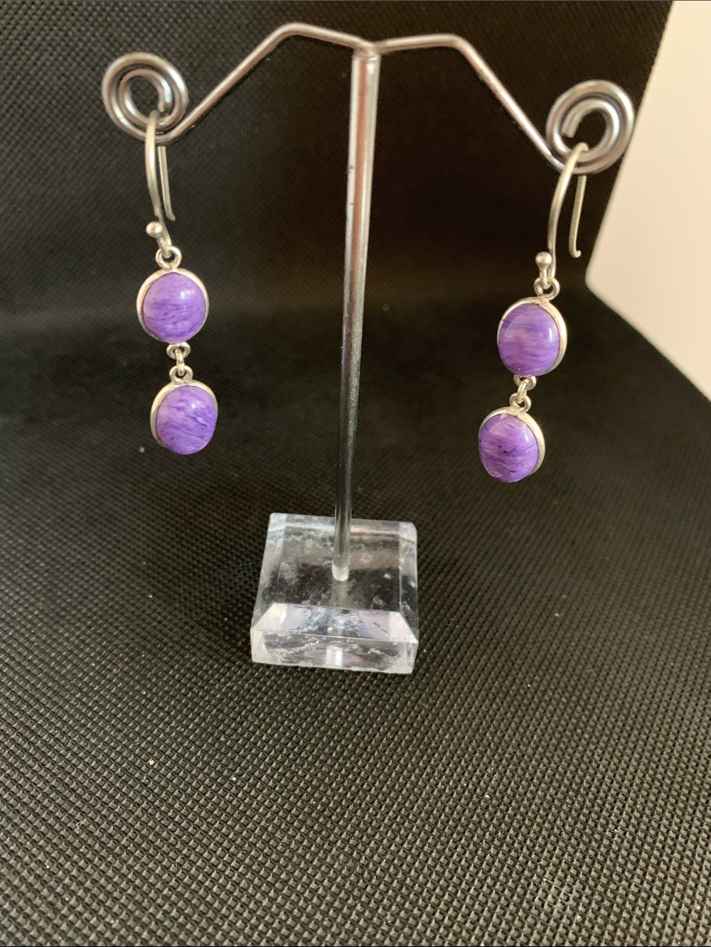 .925  Silver Double Drop Purple Stone Earrings